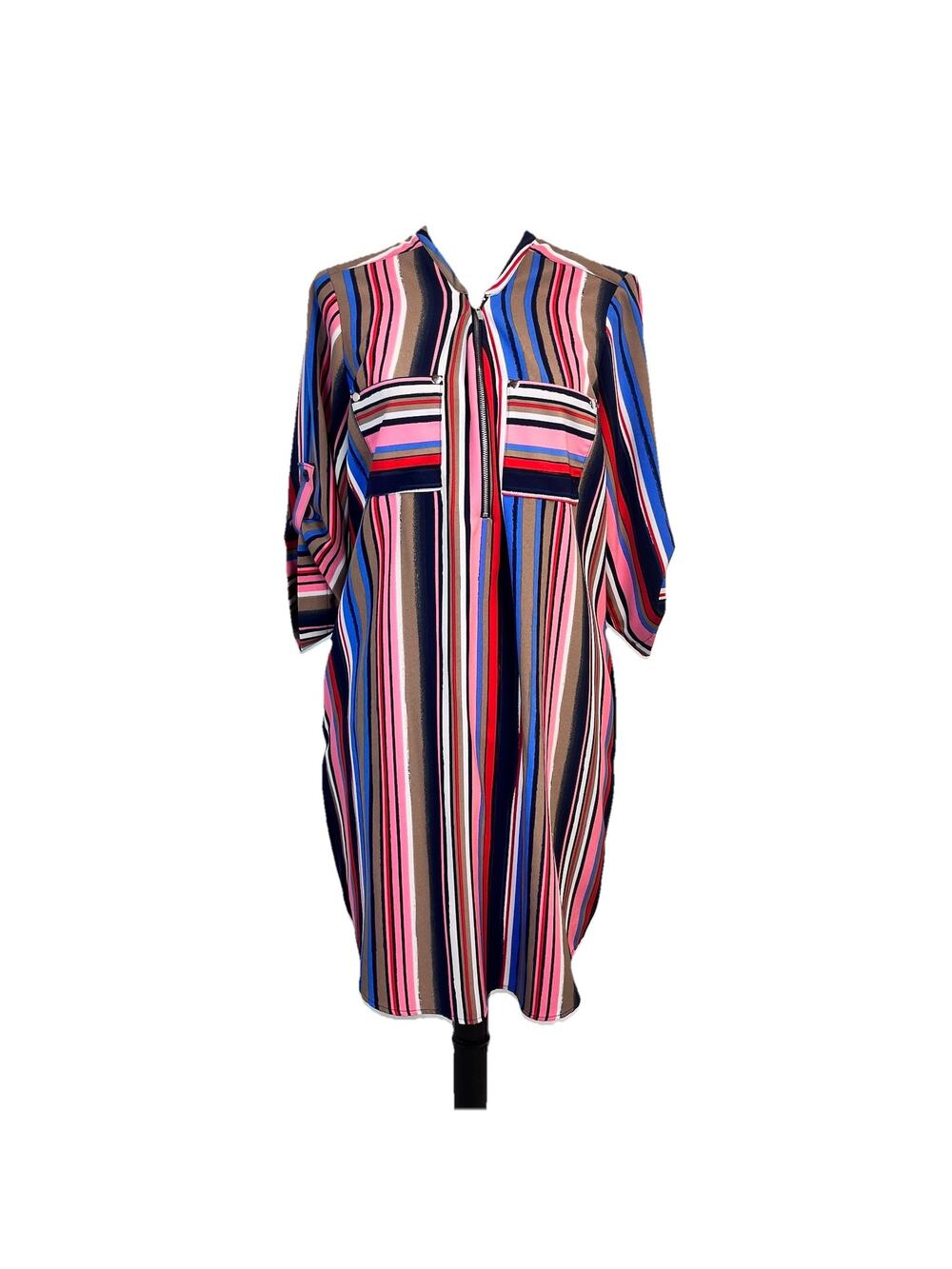 New York & Co Shirt Dress size Large Navy Blue Pink Stripes Midi Pockets Boho